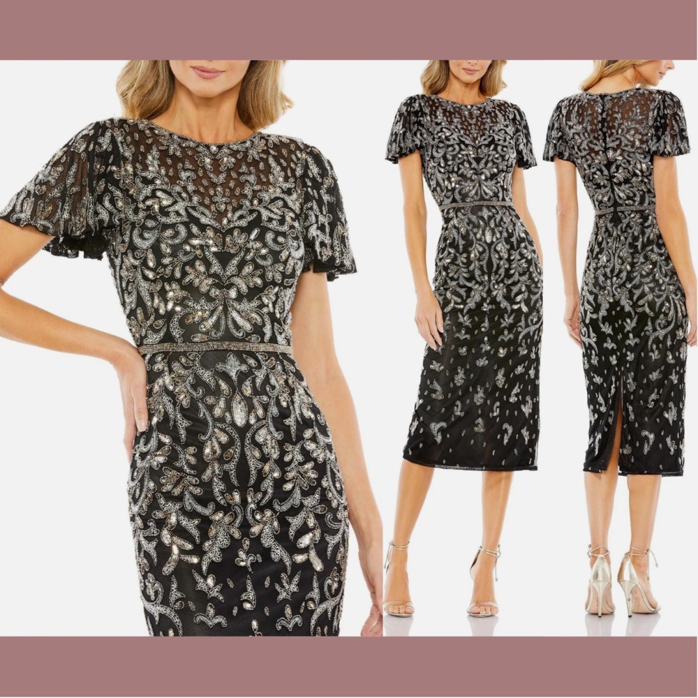 NEW $498 Mac‎ Duggal [ 16 ] Embellished High Neck Flutter Sleeve Dress Black